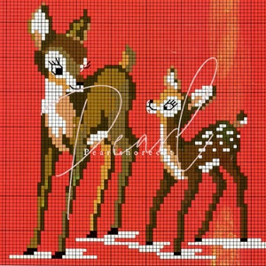 May include: A cross-stitch pattern featuring two deer, one brown with white spots and the other brown with white markings. The deer are standing on a red background with white snow.