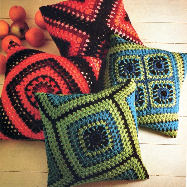 2 1970s Granny Square Pillow Crochet Patterns Retro Home Decor, Instant Digital Download pdf, 18x18 Square Reversible Couch Cushion Covers