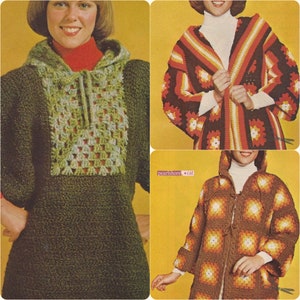 Puede incluir: Tres patrones de ganchillo que incluyen un suéter con capucha, una chaqueta larga y una chaqueta más corta. Los patrones están hechos con un punto de cuadrado de la abuela y presentan una variedad de colores, incluyendo marrón, naranja, amarillo, verde y blanco.