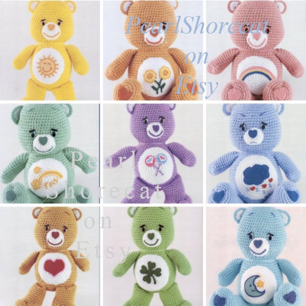 Bisounours ! Dix adorables motifs CareBear au crochet, peluche animal en peluche des années 80, peluche de 35 cm (40 po.), téléchargement numérique instantané pdf