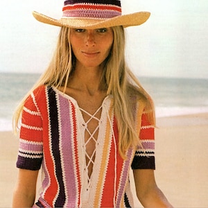 4 tuniques de plage rétro au crochet avec rayures bohèmes, robe et sacs fourre-tout pdf Téléchargement numérique instantané, ambiance bohème !
