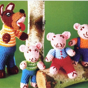 Three Little Pigs & The Big Bad Wolf Patterns 70s Fairy Tale Instant Digital Download pdf Plushie Toys Stuffed Animal Soft Nursery Decor