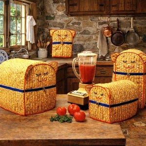 Molde de costura vintage dos anos 70: capas para eletrodomésticos com carinhas de gatinhos adoráveis, download digital para uso imediato!