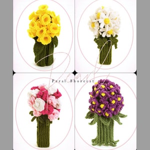 May include: Four crocheted flower bouquets in different colors: yellow, white, pink, and purple. Each bouquet is in a green crocheted vase.