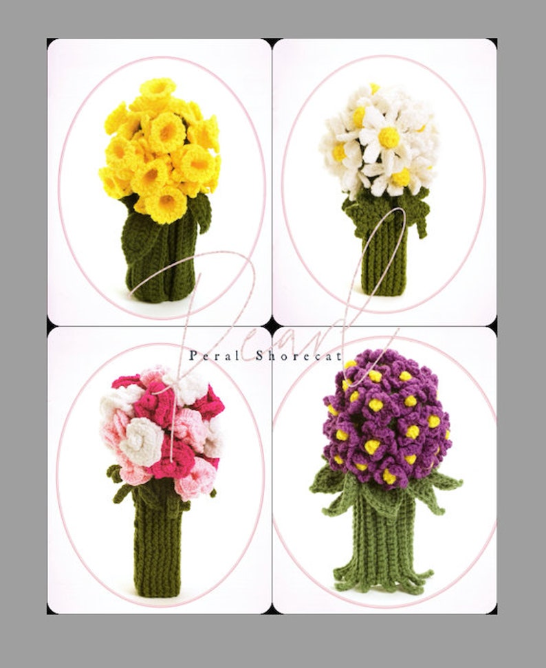 May include: Four crocheted flower bouquets in different colors: yellow, white, pink, and purple. Each bouquet is in a green crocheted vase.