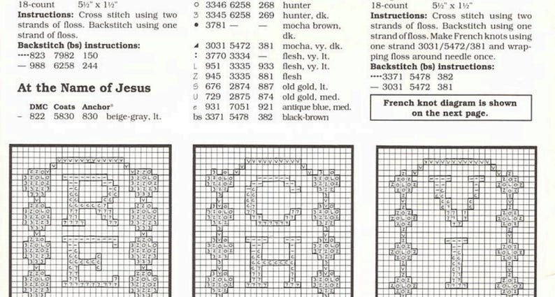 May include: A cross-stitch pattern for the phrase "At the Name of Jesus". The pattern includes instructions for cross-stitching, backstitching, and French knots. The pattern uses 18-count Aida cloth and includes a list of DMC floss colors and their corresponding numbers.