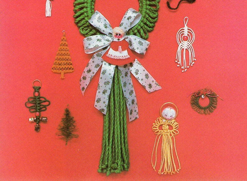 May include: A collection of handmade Christmas ornaments made with green, white, and yellow yarn. The ornaments include a Christmas tree, a bell, a wreath, and an angel. The ornaments are displayed on a red background.