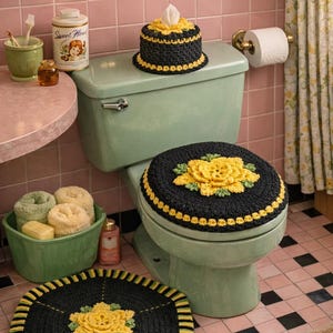 Vintage Crochet Bathroom Set Pattern | Toilet Seat Cover, Rug & Tissue Topper | 1950s Retro Floral Bathroom Decor | PDF Pattern