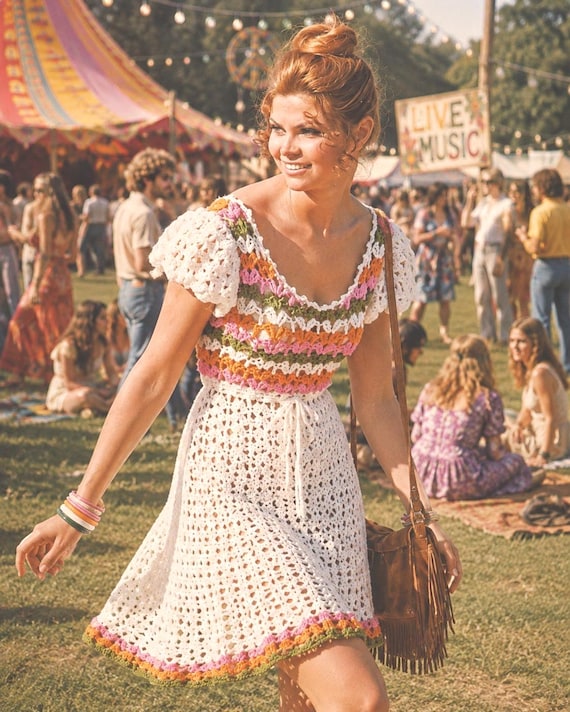Vintage 1970s Women's Crochet Mini Dress Pattern – Boho Festival Style PDF