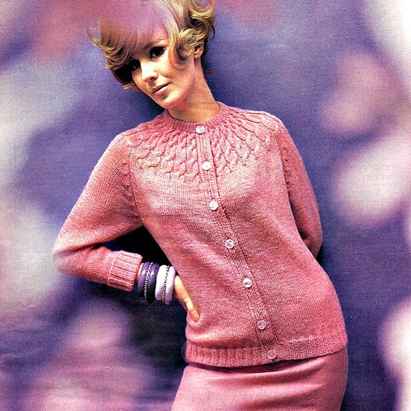 Vintage Knitting Pattern Womens Pink Cable Knit Cardigan pdf Instant Digital Download pdf  Retro 1960s Sweater