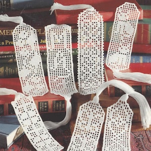 12 Filet Crochet Bookmark Cross Stitch Patterns - DIY Crafts Instant Digital Download pdf, Cats Crosses & Bible Bookmarks Hearts Teddy Bear