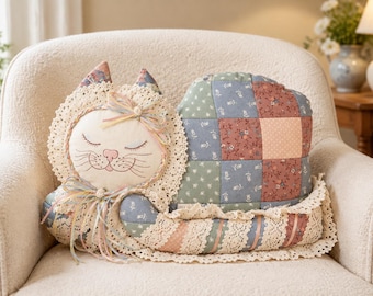 Patchwork Cat Pillow Sewing Pattern PDF, Vintage Calico Kitty Cushion