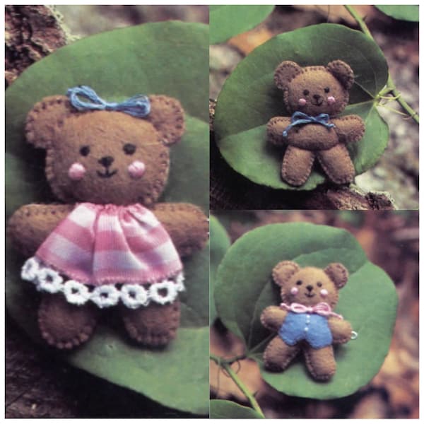 Three Little Bears Easy Felt Patterns Hair Barrettes or Brooch Instant Digital Download pdf 2x3 1980s Craft Project Girl and Boy