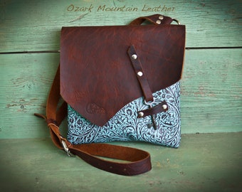 Bison and Turquoise Leather Crossbody Bag Skeleton Key Closure to be worn crossbody