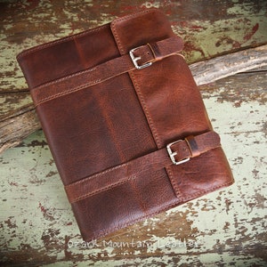 Custom Size Bible or book Cover handmade from Brown Bison Leather with strap flap closure