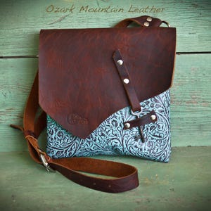 Leather Crossbody Bag for Women Handmade, Western Tooled Purse, Turquoise Brown Leather Bag, Boho Rustic Purse, Made in USA