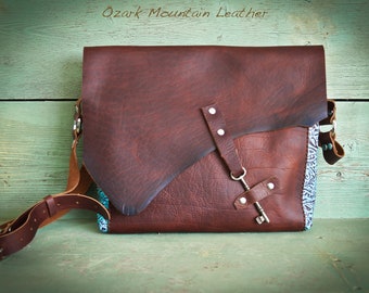 Bison and Turquoise Leather Bag or purse with Skeleton Key with Brown American Bison Leather over the shoulder bag