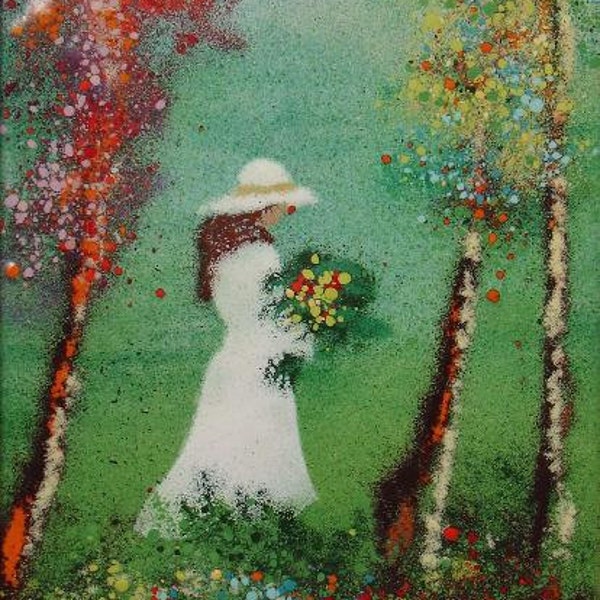 Vintage PAIR of French Style ENAMEL on COPPER Paintings,Girls Picking Flowers in Park,Signed