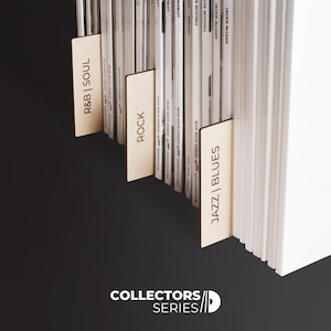 May include: A collection of vinyl records with genre dividers labeled "R&B | SOUL", "ROCK", and "JAZZ | BLUES". The records are in a white shelf, with the "COLLECTORS SERIES" logo at the bottom.