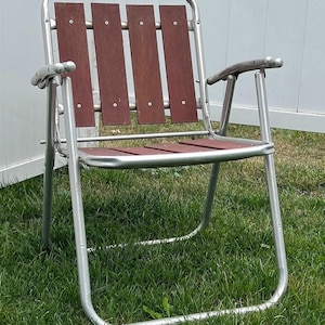 Vintage Redwood Slat Chair Aluminum Folding Chair Garden Lawn Lounge Camping Mid Century