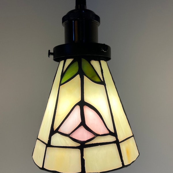 Tiffany Style Pendant Lamp Rose Floral Hanging Ceiling Light Stained Glass Pink Green White 5”Diameter Decoration with New 4’ Hemp Rope Cord