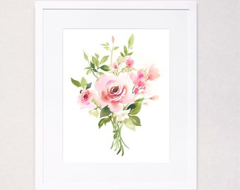 May include: A framed watercolor print featuring a bouquet of pink roses and other flowers with green foliage. The artwork is set against a white background and framed in a white border. The floral arrangement is a soft, delicate style.