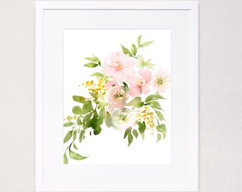 May include: A watercolor painting of a bouquet of pink flowers with green leaves and yellow accents. The flowers are arranged in a loose, natural style, and the painting has a soft, romantic feel.