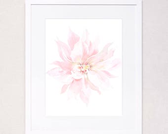 May include: A framed watercolor print featuring a delicate pink flower. The flower has multiple layers of soft, light pink petals with a yellow center. The artwork is set in a white frame, creating a clean and elegant aesthetic. Ideal for home decor.