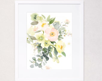 Subtle Poppies and Hellebores Bouquet Watercolor Art Print