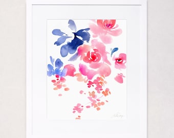 Pink and Indigo Floral No. 1 (Watercolor Art Print)