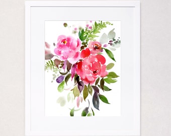 Fuchsia Scarlet Peony Burst Watercolor Art Print