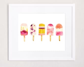 Oh Summer - Popsicle Watercolor Art Print in Cheerful Fuchsia, Tangerine and Berry Tones