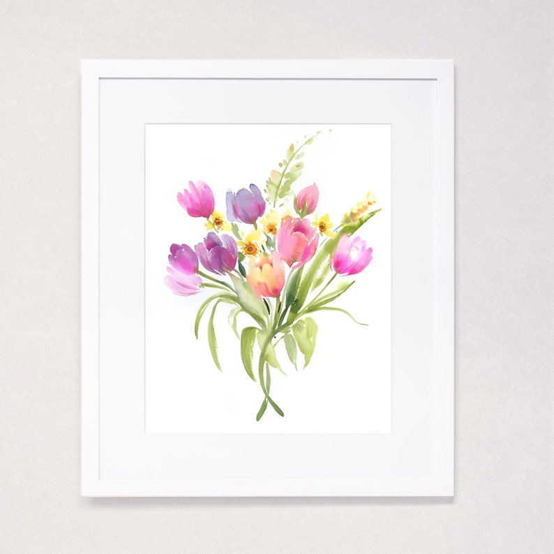 Spring Tulip Bouquet Watercolor Art Print image 1