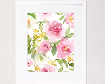 May include: Watercolor painting of pink and yellow flowers with green leaves on a white background.