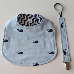 Two Piece Infant Gift Set - Reversible Bib and Pacifier Clip - Blue Whale Nautical Theme