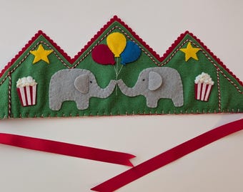 Circus Carnival Theme Crown, Red and Green, Featuring Elephants, Balloons, Popcorn, and Stars