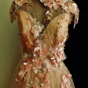 Pale Peach Pink Wedding Dress 3 D Flowers Pearls Embroidered Roses Appliques Wedding Gown