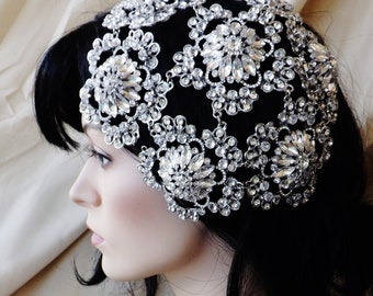 Made T0 Order Wedding Silver Clear Rhinestone Crystal Art Deco Great Gatsby Flapper Wedding Headpiece Hat Cap Headband  Crown