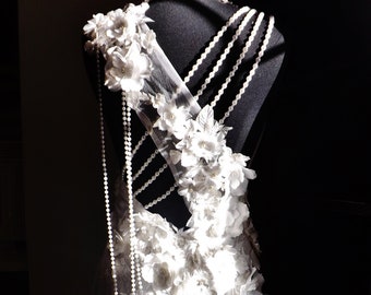 Made to Order BEACH GATSBY Wedding Dress Of White 3 D Flower Pearl Beaded Bare Back Flapper Art Deco Art Noveau Deep V Neckline Dress