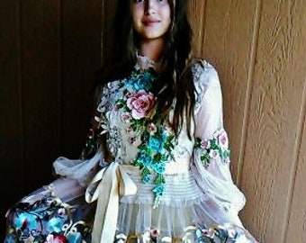 Ready To Ship Alternative Beach Wedding Prom Bridesmaid Bohemian Romantic Embroidered Roses Nude Mesh Dress Bust 34-39 "