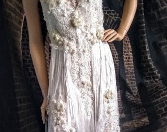 Made To Order Off White Ivory 3 D Sequin Roses Gatsby Flapper Edwardian FRINGE Wedding Dress
