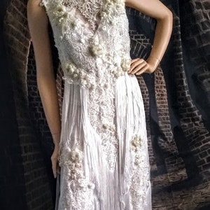 Ready to Ship Off White Ivory 3 D Sequin Roses Gatsby Flapper Edwardian FRINGE Wedding Dress