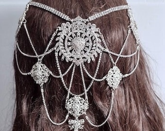READY TO SHIP Silver Toned Clear Rhinestone Crystal Art Deco Great Gatsby Bohemian Wedding Headpiece Belly Dance Gypsy Head Jewelry