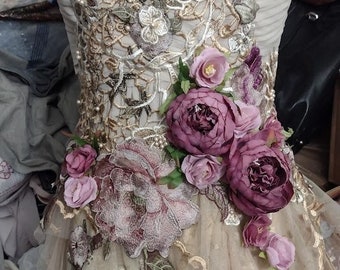 Made To Order STEAMPUNK  Tiered Skirt Corset Eyelets Lace Up 3 D flowers Wedding Dress