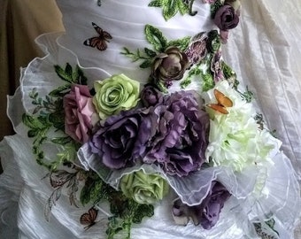 MADE TO ORDER  Victorian Wedding Dress Butterflies White Multicolor Green Purple Pink  Roses  Appliques Fairy Paradise Wedding Gown Dress