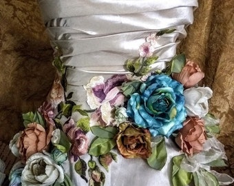 Made To Order Wedding White Blue Grey Silver Mint Green Dress Mini Plus Tail Roses Embroidered Appliques by Arabescque