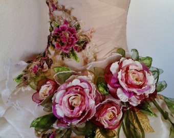 MADE to ORDER Handmade Wedding Dress Mini Plus Tail White Beige Cream Dress Roses Embroidered Appliques