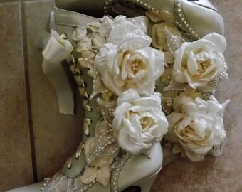 READY to SHIP Beige Ivory Victorian Leather Lace Fabric Roses Wedding Bridal Ancle High Heel Lace Up Boots