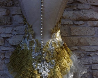 GOLDEN BRIDE Victorian Handmade Wedding Dress Mini Plus Train Gold of White Embroidery Beaded Edwardian Fringe Gold Dress