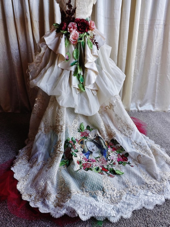 Made to Order Ivory Cream Roses Victorian Short in Front Drapped Lace Burgundy Pink Roses Wedding Dress Deposit